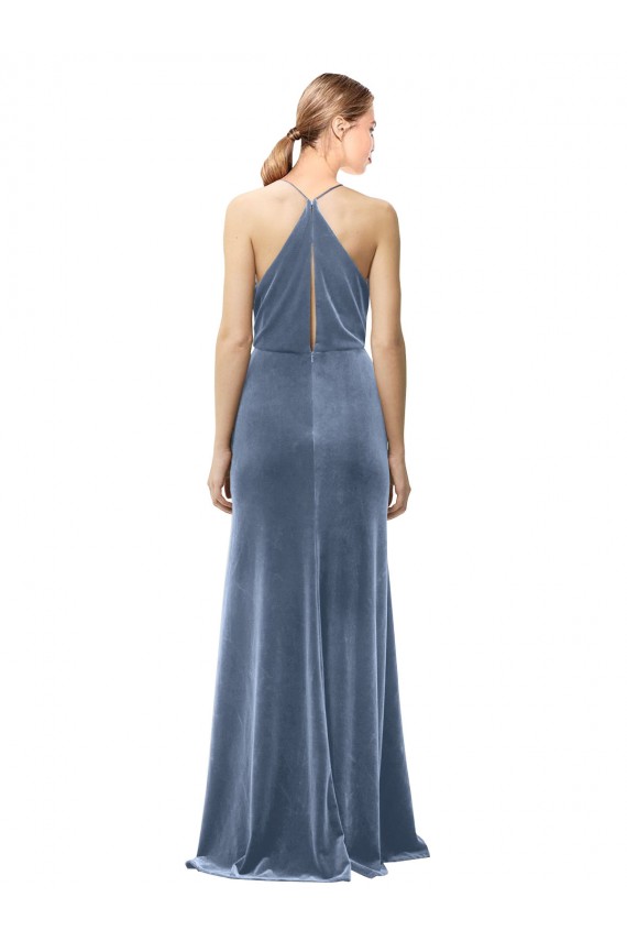 Halter Cowl Neck Long A-Line Velvet Bridesmaid Dress with Keyhole Back