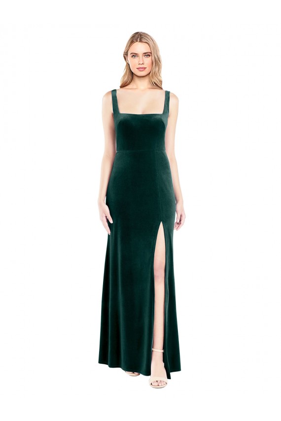 Square Neck Full Length Velvet Bridesmaid Dress with Side Slit