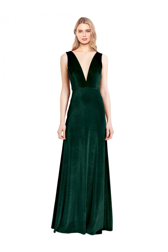 Daring Deep V-Neck Long Full Length Velvet Bridesmaid Dress
