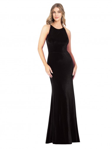 Cheap Vintage Velvet High Neck Bridesmaid Dress with Strappy Back UK