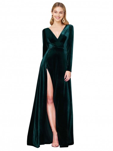 Cheap Deep V-Neck Long Sleeves Velvet Bridesmaid Dress with High Side Split UK