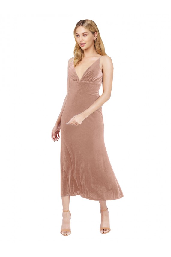 Midi Length Short V-Neck Velvet Bridesmaid Dress with Notched Neckline