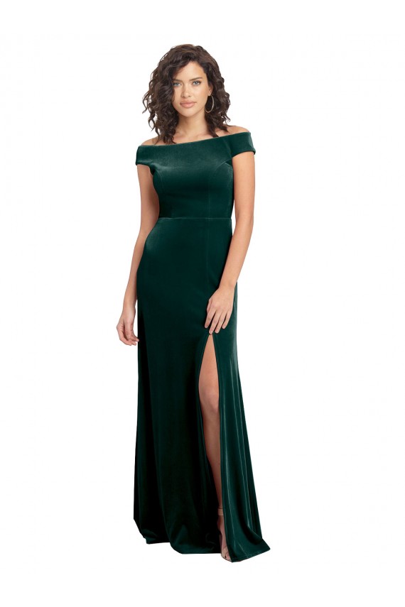 Floor Length Cap Sleeves Long Velvet Bridesmaid Dress with High Side Slit