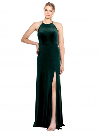 Cheap Long Jewel Neck Full Length Velvet Bridesmaid Dress with Side Slit UK