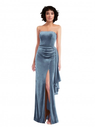 Cheap Strapless Velvet Maxi Bridesmaid Dress with Draped Skirt UK