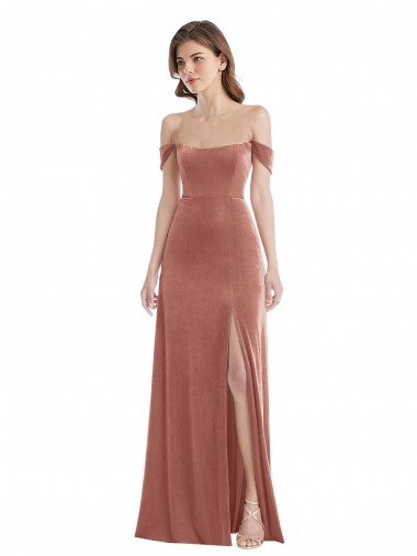 Cheap Off the Shoulder Flounce Sleeve Velvet Maxi Bridesmaid Dress UK