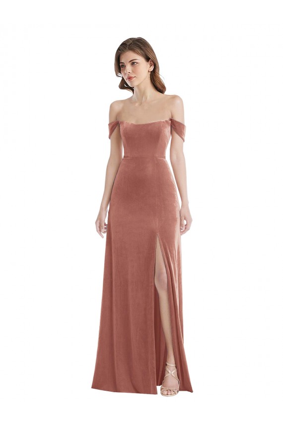 Off the Shoulder Flounce Sleeve Velvet Maxi Bridesmaid Dress