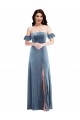 Ruffle Sleeve Off the Shoulder Velvet Maxi Bridesmaid Dress