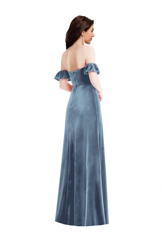 Ruffle Sleeve Off the Shoulder Velvet Maxi Bridesmaid Dress