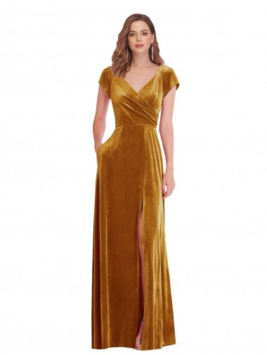 Cheap Cap Sleeve Faux Wrap Velvet Maxi Bridesmaid Dress with Pockets UK