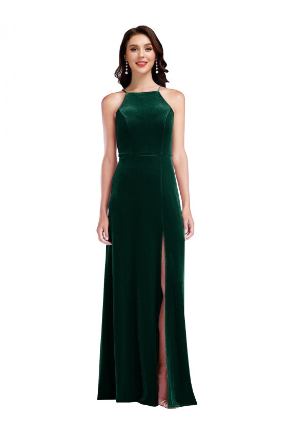 Velvet Halter Maxi Bridesmaid Dress with Front Slit