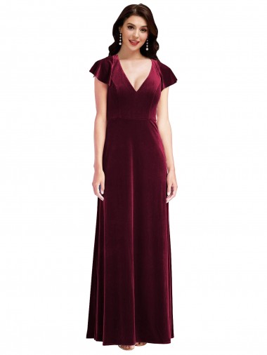 Cheap Flutter Sleeve Velvet Maxi Bridesmaid Dress with Pockets UK
