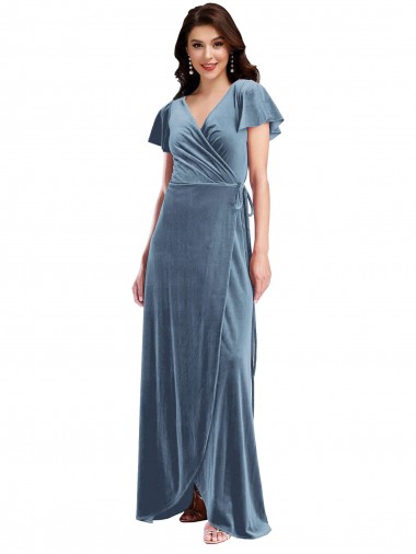 Cheap Flutter Sleeve Velvet Wrap Maxi Bridesmaid Dress with Pockets UK