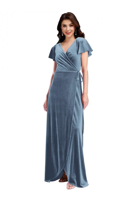 Flutter Sleeve Velvet Wrap Maxi Bridesmaid Dress with Pockets