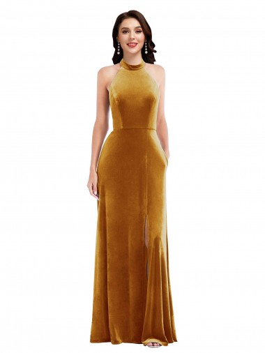 Cheap High-Neck Halter Velvet Maxi Bridesmaid Dress with Front Slit UK