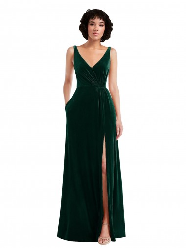 Cheap Floor Length Velvet Maxi Bridesmaid Dress with Shirred Bodice and Front Slit UK
