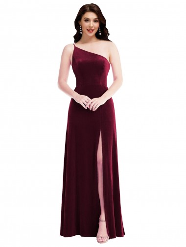 Cheap One Shoulder Spaghetti Strap Velvet Maxi Bridesmaid Dress with Pockets UK