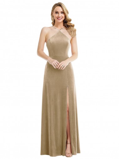 Cheap High Neck Halter Open Back Long Velvet Maxi Bridesmaid Dress UK