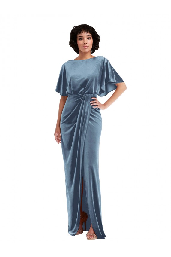 Flutter Sleeve Open Back Velvet Maxi Bridesmaid Dress with Draped Wrap Skirt