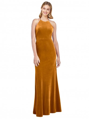 Cheap Halter Neckline Long Full Length Velvet Bridesmaid Dress with Strappy Back UK