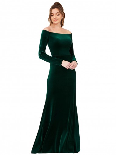 Cheap Off the Shoulder Long Sleeves Stretch Velvet Bridesmaid Dress UK
