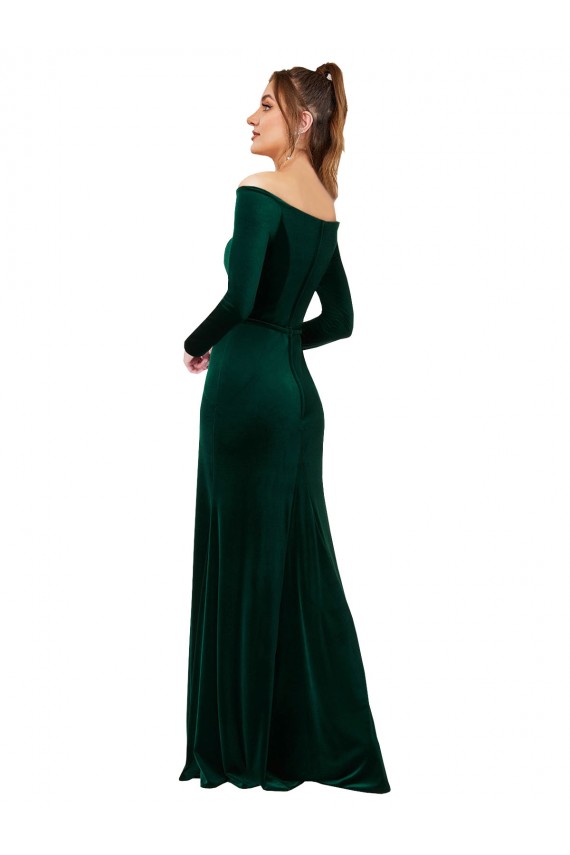 Off the Shoulder Long Sleeves Stretch Velvet Bridesmaid Dress