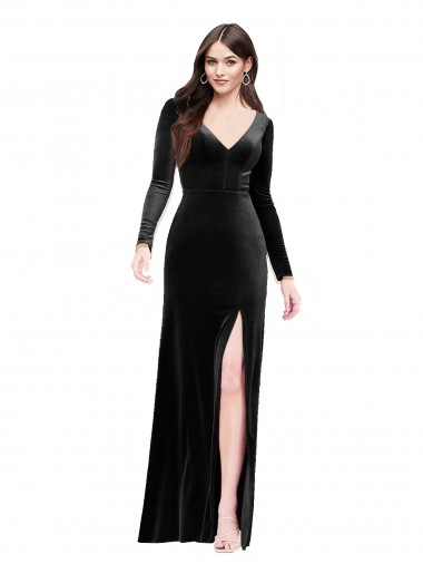 Cheap Long Sleeves Velvet Bridesmaid Dress with V-Neckline and Thigh Slit UK