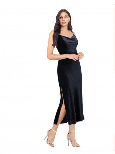 Cheap Midi Length Velvet Bridesmaid Dress with Cowl Neck and Spaghetti Straps UK