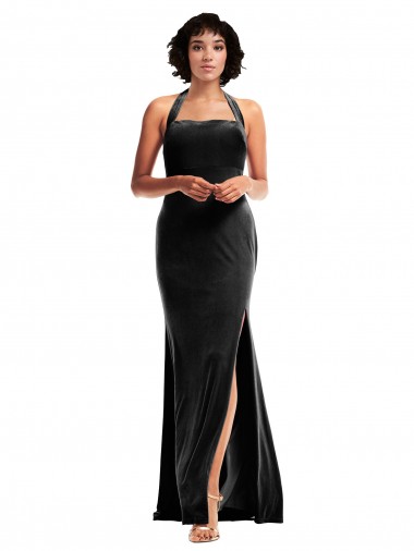 Cheap Stretch Velvet Empire Bridesmaid Dress with Halter Strap UK