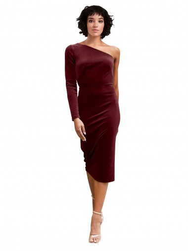 Cheap One Shoulder Fitted Short Midi Length Velvet Bridesmaid Dress UK