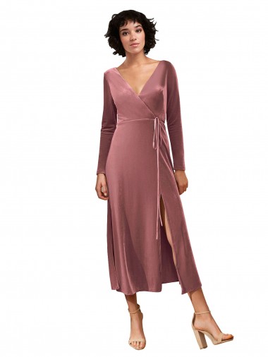 Cheap Long Sleeve Velvet Faux Wrap Midi Length Bridesmaid Dress UK