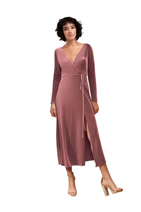 Long Sleeve Velvet Faux Wrap Midi Length Bridesmaid Dress