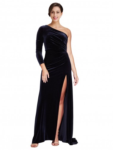 Cheap One Sleeve Long Velvet Bridesmaid Dress with Thigh High Split UK