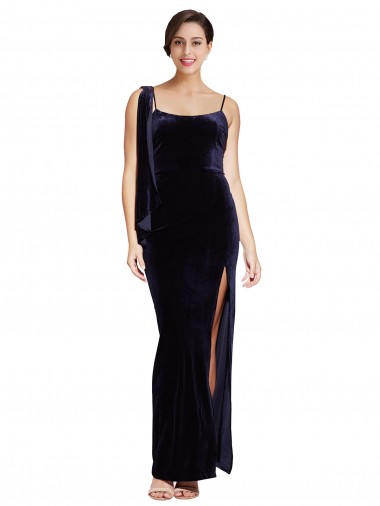 Cheap Long Velvet Bridesmaid Dress with Side Thigh Split and Shoulder Tie UK