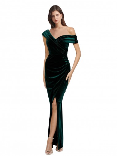 Cheap Long Asymmetric Neckline Ruched Velvet Bridesmaid Dress UK