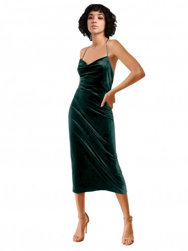 Cheap Midi Length Sleek Cowl Neckline Short Velvet Bridesmaid Dress UK