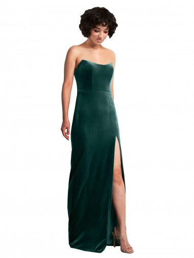 Cheap Scooped Strapless Long Velvet Bridesmaid Dress with Daring Side Slit UK